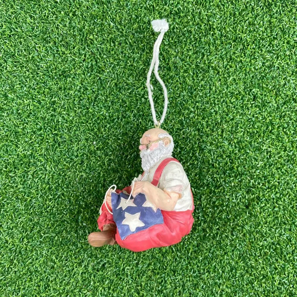 Vintage Santa Claus Sewing American Flag Patriotic Holiday Christmas Ornament